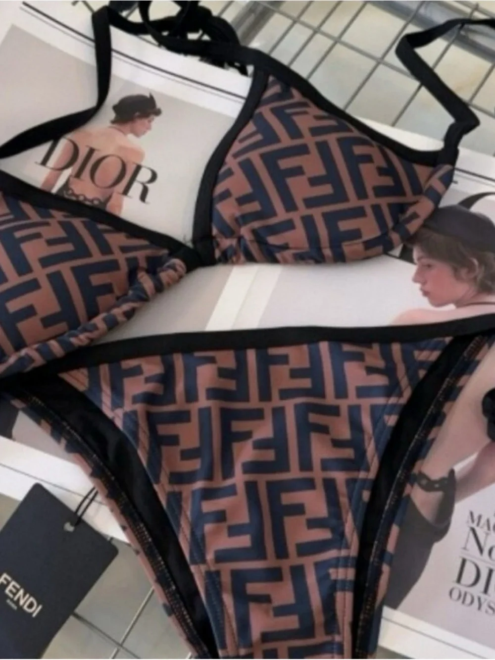 Fendi Brown & Black Logo Triangle Bikini
